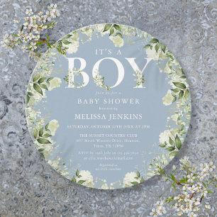 Its A Boy Dusty Blue Greenery Letter Baby Shower Invitation