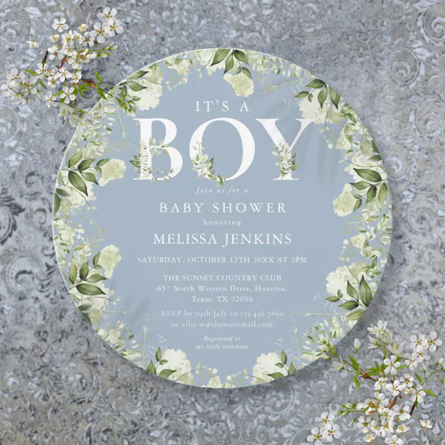 Its A Boy Dusty Blue Greenery Letter Baby Shower Invitation | Zazzle