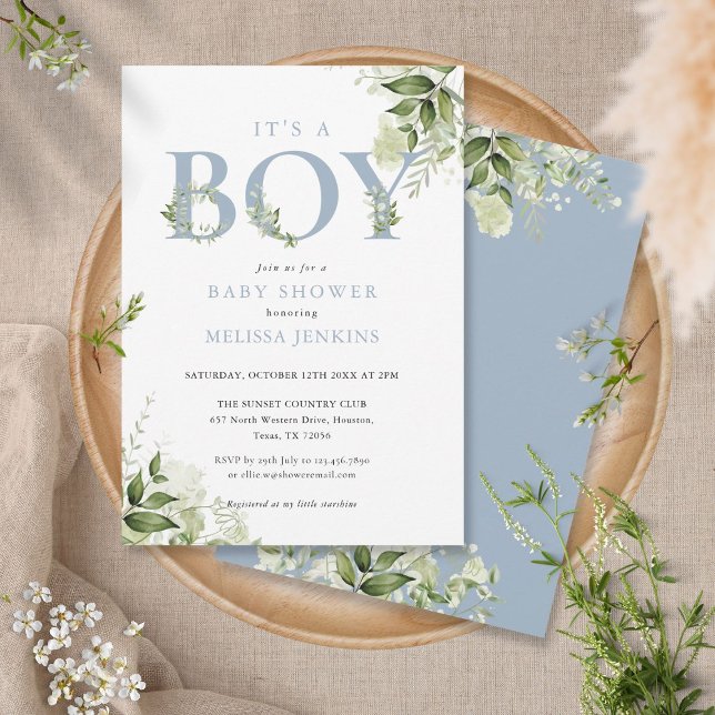 Its A Boy Dusty Blue Greenery Letter Baby Shower Invitation (Creator Uploaded)