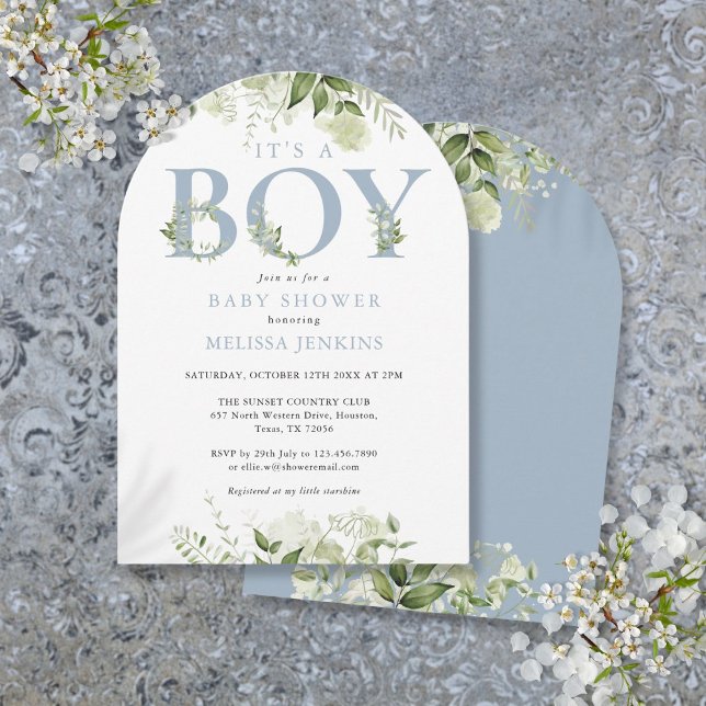Its A Boy Dusty Blue Greenery Letter Baby Shower Invitation (Its A Boy Dusty Blue Greenery Letter Baby Shower Invitation)