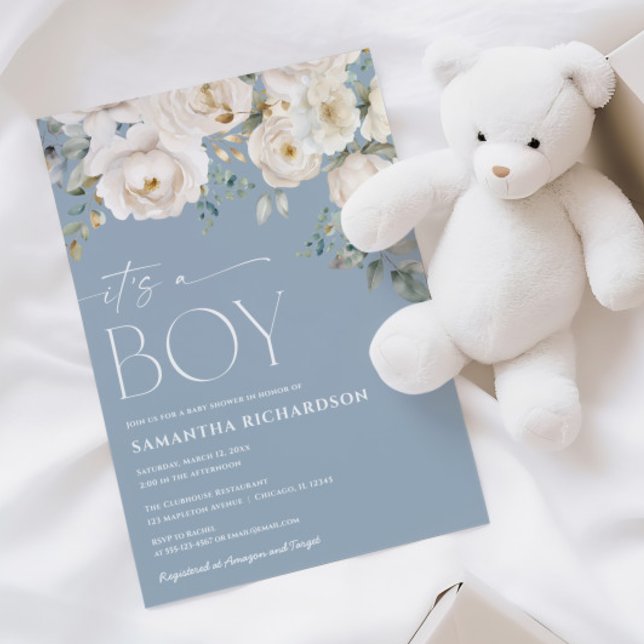 It's a Boy dusty blue white elegant floral  Invitation (Creator Uploaded)