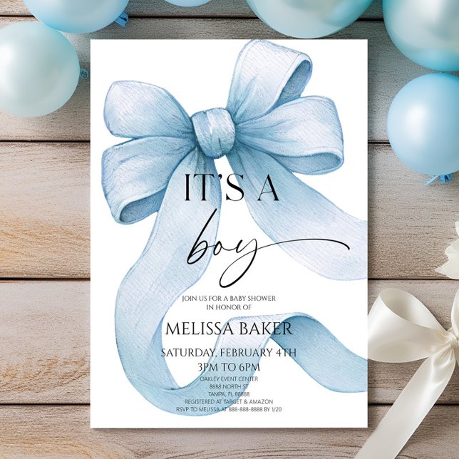 It's A Boy Elegant Blue Bow Baby Shower Invitation (Creator Uploaded)