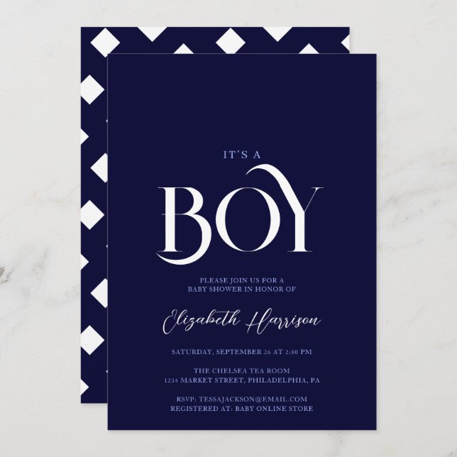 "it's a boy" Elegant Chic Navy Blue Baby Shower Invitation (Front/Back)