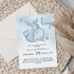 It's a boy elephant baby boy shower blue invitation