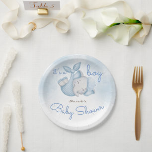 It's a boy elephant baby boy shower blue paper plate