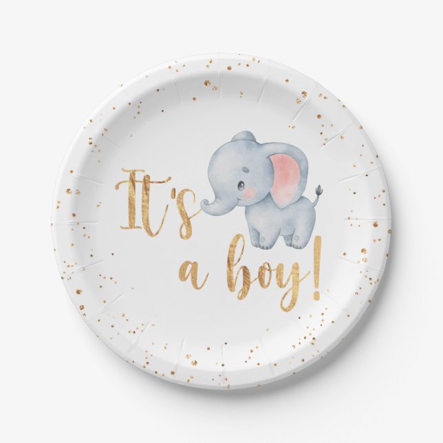 It's a Boy! Elephant Baby Shower Party Paper Plate (Front)