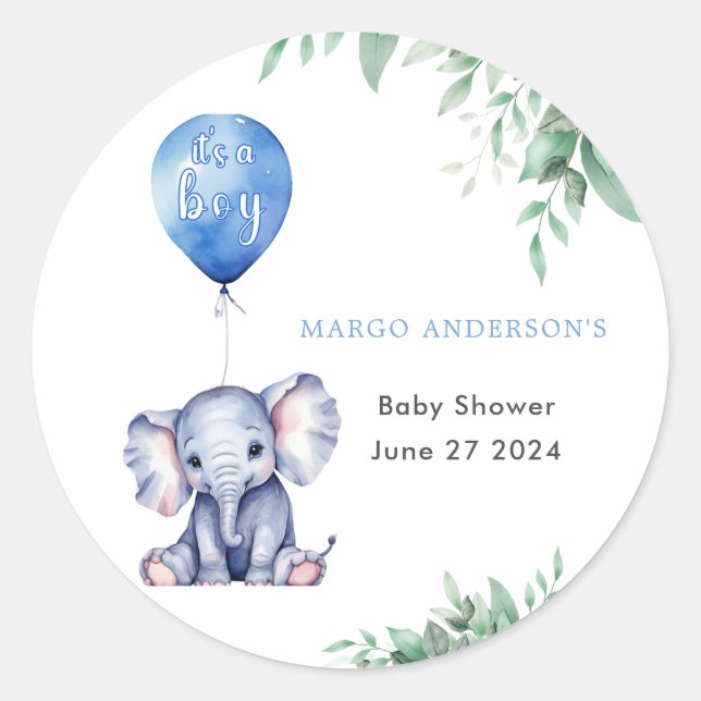 It's a Boy Elephant Balloon Blue Baby Shower Classic Round Sticker (Front)