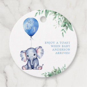 It's a Boy Elephant Balloon Blue Baby Shower Favour Tags