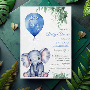It's a Boy Elephant Balloon Blue Baby Shower Invitation