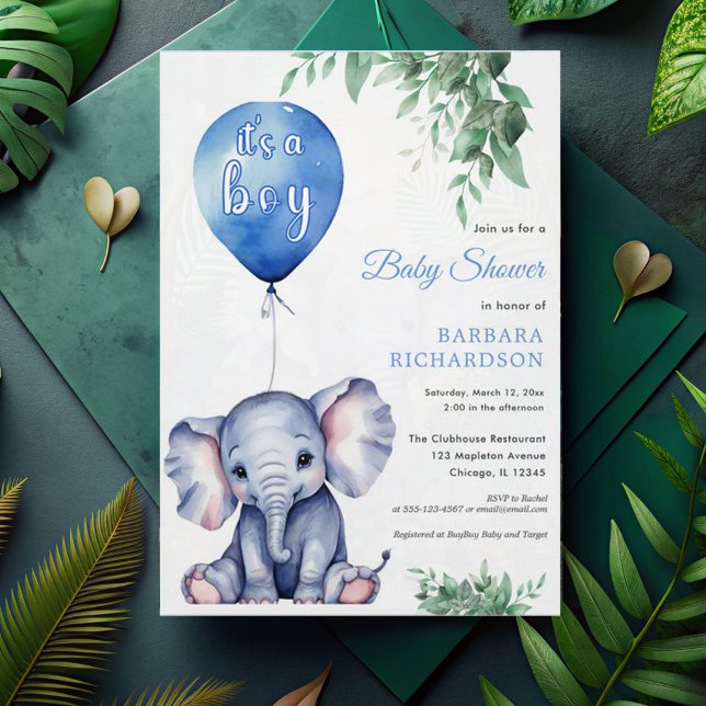It's a Boy Elephant Balloon Blue Baby Shower Invitation (Creator Uploaded)