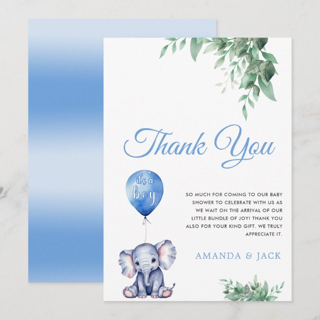 It's a Boy Elephant Balloon Blue Baby Shower Thank You Card (Front/Back)