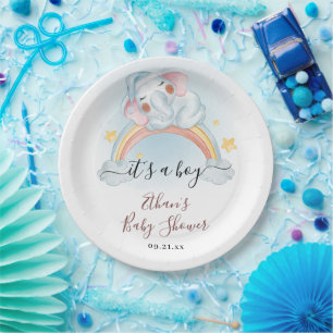 It's A Boy Elephant Rainbow Watercolor Baby Shower Paper Plate