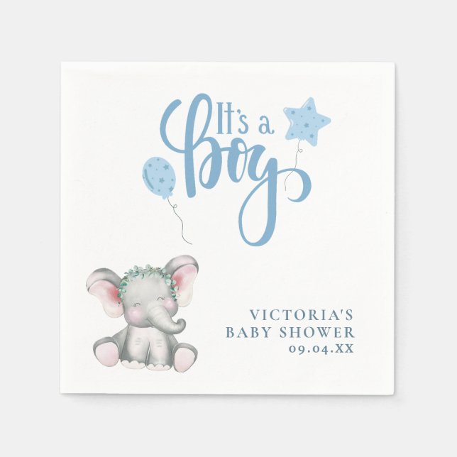 It's a Boy Elephant Simple Script Baby Shower  Napkin (Front)