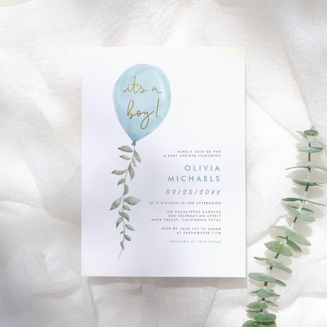 Its A Boy Eucalyptus Greenery Balloon Baby Shower Invitation (Creator Uploaded)