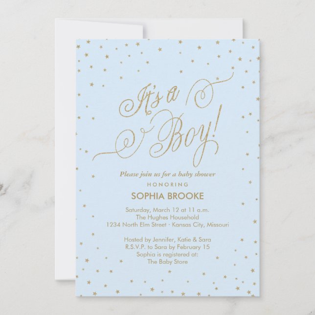 It's a Boy Fancy Gold Stars Blue Baby Boy Shower Invitation (Front)