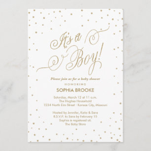 It's a Boy Fancy Gold Stars White Baby Shower Invitation