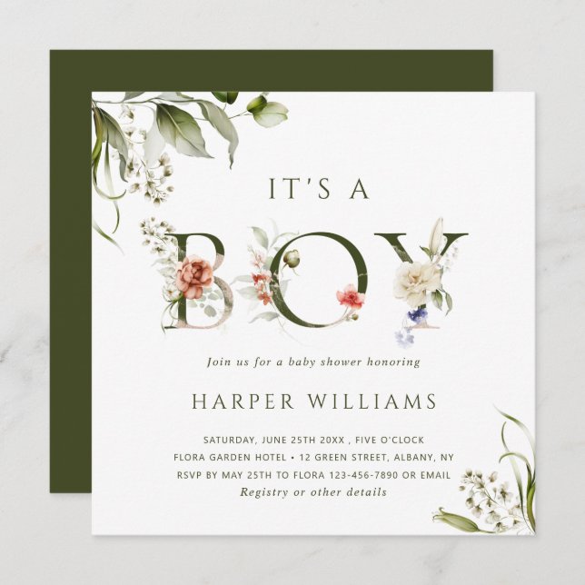 It's a Boy Floral Botanical Letter Baby Shower  Invitation (Front/Back)