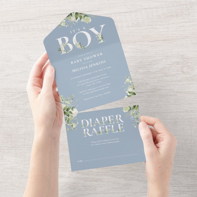 Its A Boy Floral Greenery Dusty Blue Baby Shower All In One Invitation (Tearaway)