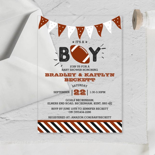 It's A Boy! Football Themed Co-ed Baby Shower Acrylic Invitations (Creator Uploaded)