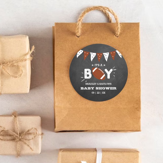 It's A Boy! Football Themed Co-ed Baby Shower Classic Round Sticker (Creator Uploaded)