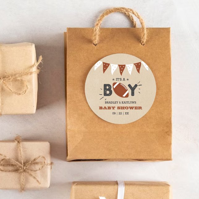 It's A Boy! Football Themed Co-ed Baby Shower Classic Round Sticker (Creator Uploaded)