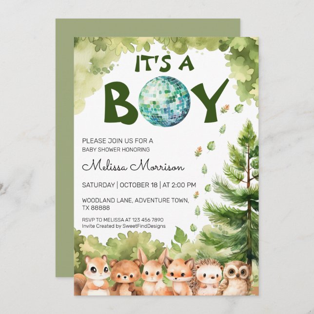 It's A Boy Forest Disco Ball Baby Boy Shower Invitation (Front/Back)