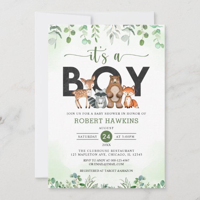 It's A Boy Forest Woodland Animals baby shower Invitation (Front)