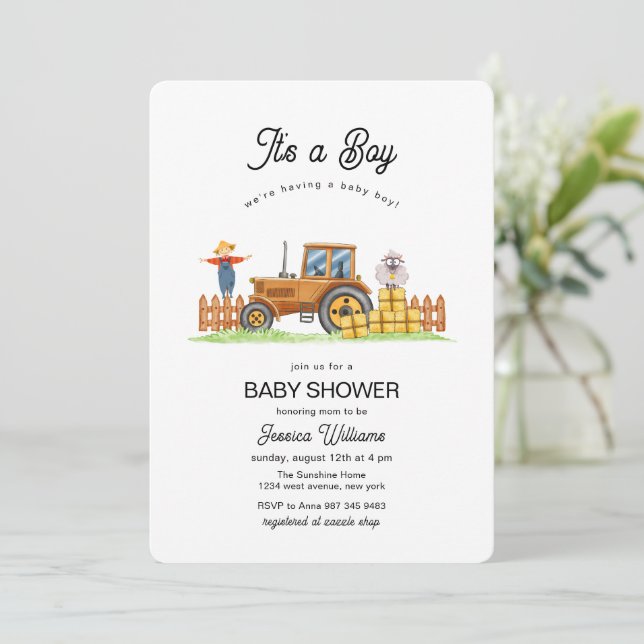 It's A Boy Framer Tractor Baby Shower  Invitation (Standing Front)