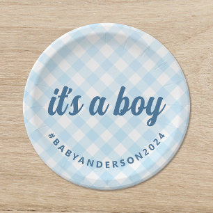 It's a Boy Gingham Baby Shower Paper Plate