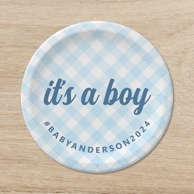 It's a Boy Gingham Baby Shower Paper Plate (Creator Uploaded)