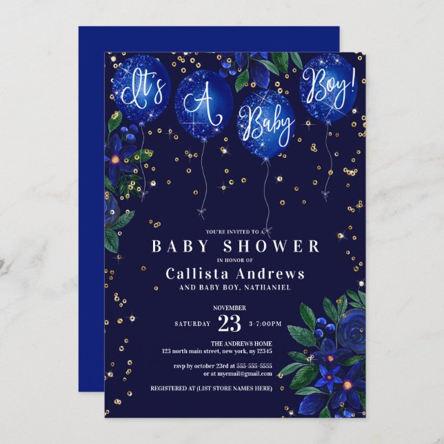 It's a Boy Glitter Balloons Floral Baby Shower Invitation (Front/Back)