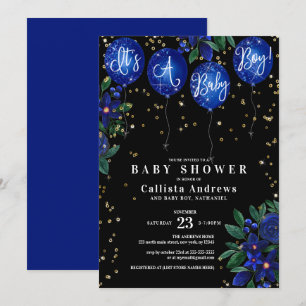 It's a Boy Glitter Balloons Floral Baby Shower Invitation