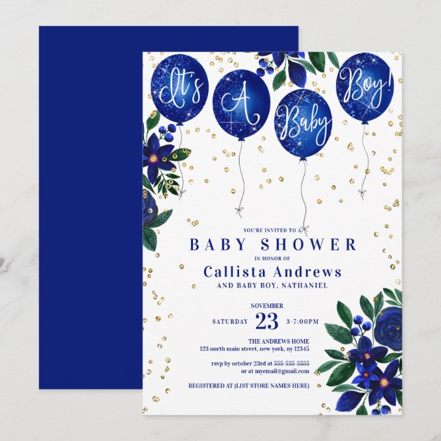 It's a Boy Glitter Balloons Floral Baby Shower Invitation (Front/Back)