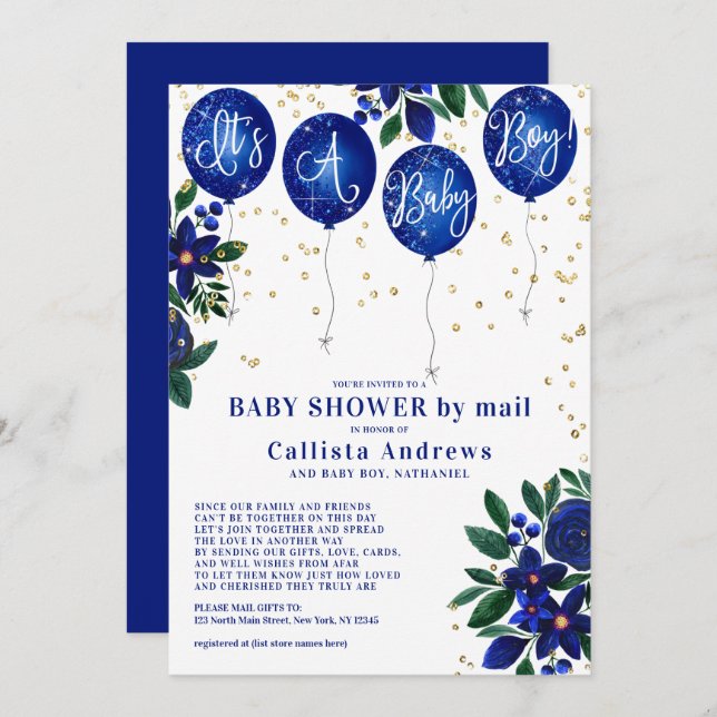 It's a Boy Glitter Balloons Floral Baby Shower Invitation (Front/Back)