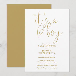 Its a Boy Gold Script Heart Boy Baby Shower Invitation