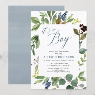 It's a boy green leaves foliage rustic baby shower invitation