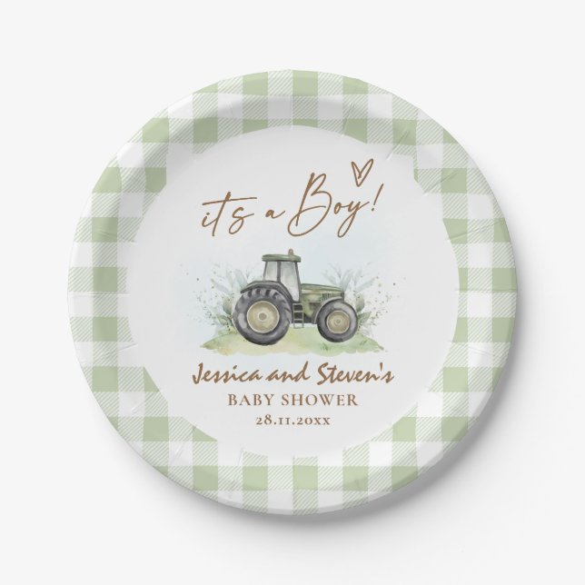 It's A Boy Green Tractor Farm Baby Shower  Paper Plate (Front)