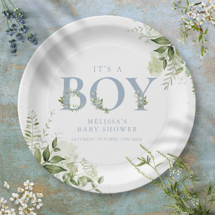Its A Boy Greenery Dusty Blue Letter Baby Shower Paper Plate