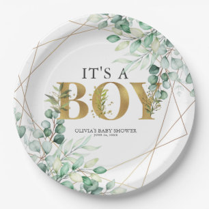 Its a Boy Greenery Eucalyptus Gold Baby Shower Paper Plate