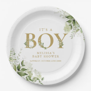 Its A Boy Greenery Foliage Gold Letter Baby Shower Paper Plate