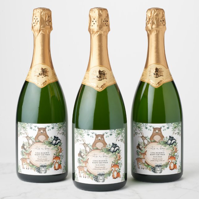 It's a Boy! Greenery Woodland Baby Shower Favors Sparkling Wine Label (Bottles)