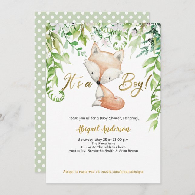 Its a Boy, Greenery, Woodland Fox, Baby Boy Shower Invitation (Front/Back)