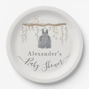 It's a Boy Grey Clothes Eucalyptus Baby Shower Paper Plate
