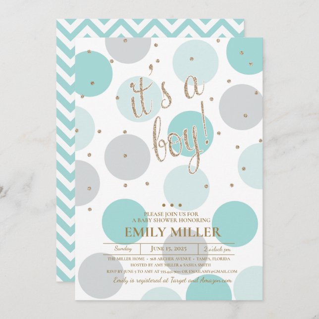 It's a Boy - Grey, Turquoise & Gold Baby Shower Invitation (Front/Back)