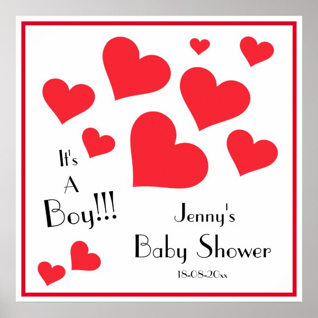It's A Boy! Happy Red Hearts Custom Baby Shower Poster (Front)