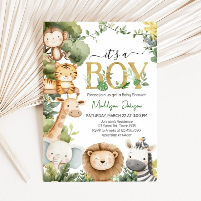 It's a Boy Jungle Safari Animal Baby Shower Invitation (Greenery Jungle Safari Animal Baby Shower Invitation 
)