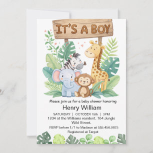 It's a boy jungle safari animals baby boy shower invitation