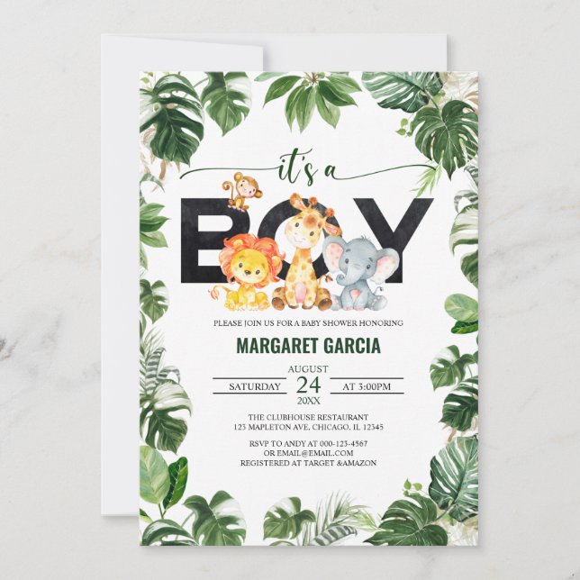 It's a Boy Jungle Safari Animals Baby Shower Invitation (Front)