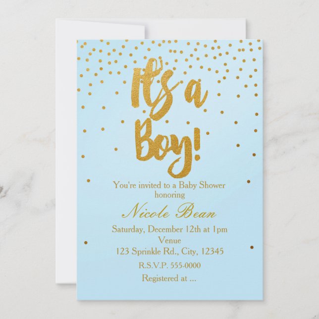 IT'S A BOY Light Blue & Gold Confetti Invitation (Front)