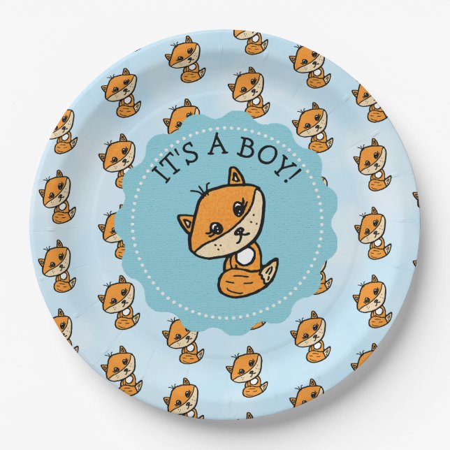 It's a Boy, Little Fox Boy's Baby Shower Paper Plate (Front)
